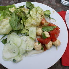 Samstag Mittag: Dreierlei Salat: Gurkensalat, Tomaten Mozarella Salat und grüner Mischsalat mit Ruccola.