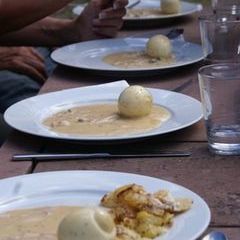 Erstes Mittagessen am Maierhof am Donnerstag: Kartoffelgratin mit Senfeiern